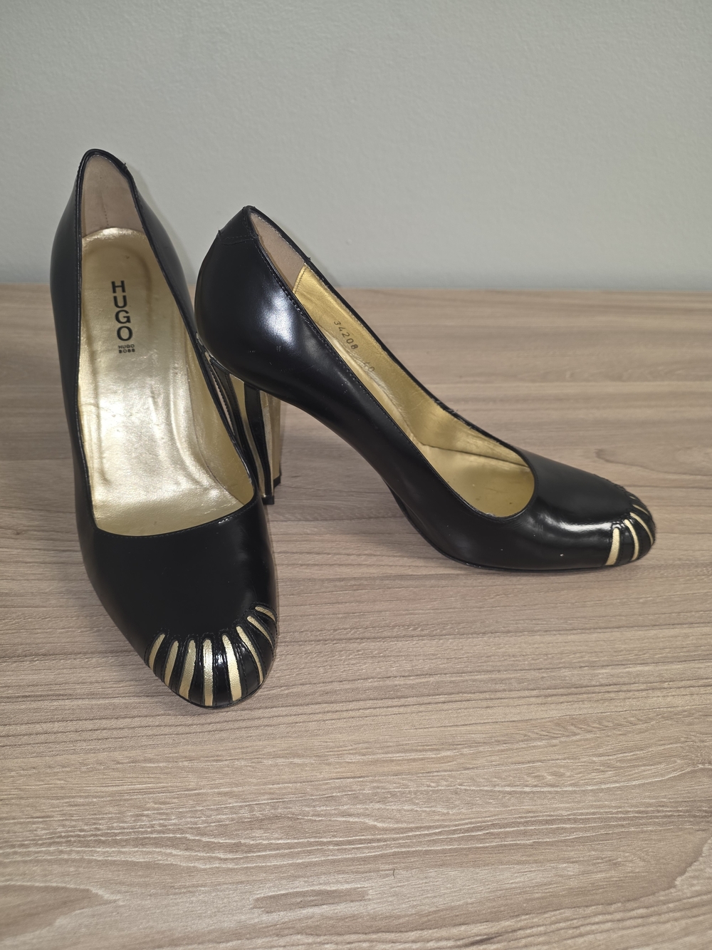 HUGO Black Leather High Heels with Gold Heel & Toe Accents